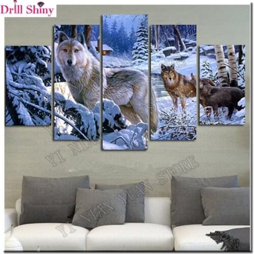 5D Diy Diamond Painting Crystal Cross Stitch Full Needlework Home Decorative 3D Full Square Diamond Embroidery 5PC/SET Snow Wolf