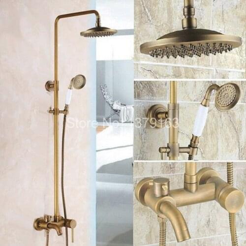Antique Brass Wall Mounted Bathroom Rain & Hand Shower & Tub Faucet Set Single Lever Mixer Tap ars186