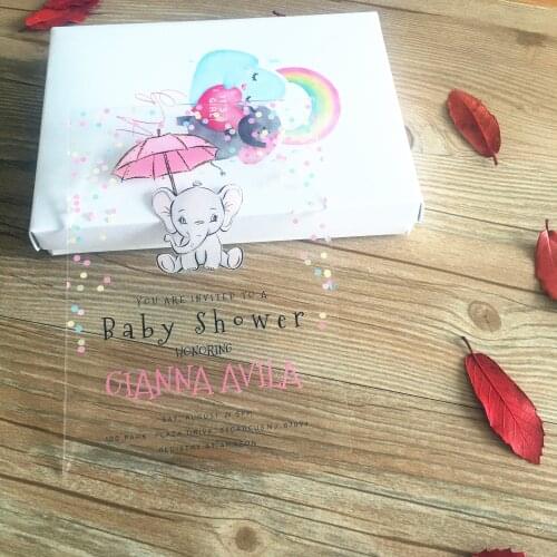 Free Shipping Super Cute Baby Show Invitation Card Custom Text Acrylic Invitations with Box or Envelop 10sets