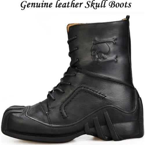 Men Genuine Leather Skull Gothic Combat Boots Motorcycle Boots Steam Punk Boots Personality Riding Boots Martin Boots Fashion