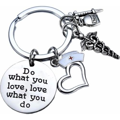 12PC/Lot Do What You Love,Love What You Do Keyring Syringe Caduceus Charms Keychain Medical Doctor Nurse Gifts Key Chains Rings