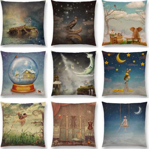 Mysterious Imagine Animals Forest Raven Fantasy Clouds Sky Moon Stars Earth Dream Girl Prints Cushion Cover Sofa Pillow Case