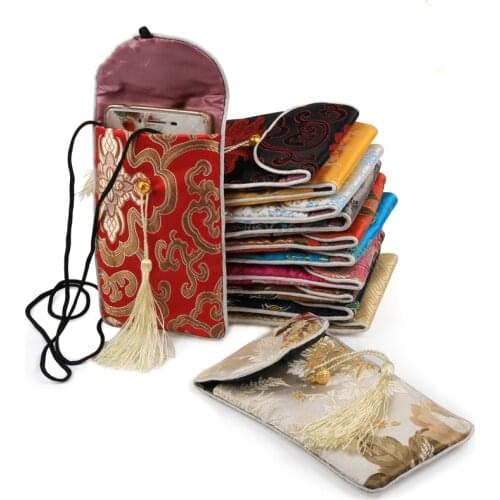 10pcs Tassel Neck rope Glasses Pouch Craft Bag Packaging Chinese Silk Brocade Women Universal Cell Phone Purse Cover Wholesale