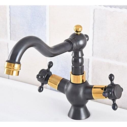 Black & Gold Color Brass Swivel Spout Dual Cross Handles Kitchen Wet Bar Bathroom Vessel Sink Faucet Mixer Tap One Hole asf793