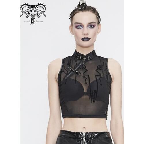 Devil Fashion Womens Punk Short Vest Vintage Sexy Slim Fit Perspective Sleeveless Stanf Collar Stage Performance Costume