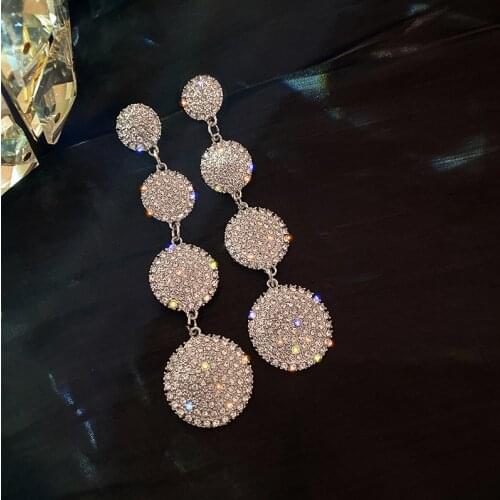 Exknl 2021 Four Round Full Rhinestone Drop Earrings for Women Big Party Long Tassel Crystal Earrings Weddings Engagement Jewelry