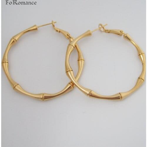 Foromance /BAMBOO PATTERN PLAIN SURFACE HIGH SHINNING YELLOW GOLD COLOR ROUND HOOP EARRING DIAMETER 45 mm 1.8 INCH