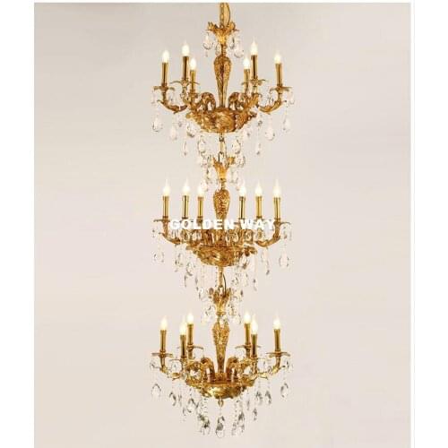 Free Shipping Crystal Chandelier French Copper Haning Lamp Living Room Candle Led Lamps Restaurant Pure Golden Staircase Lights