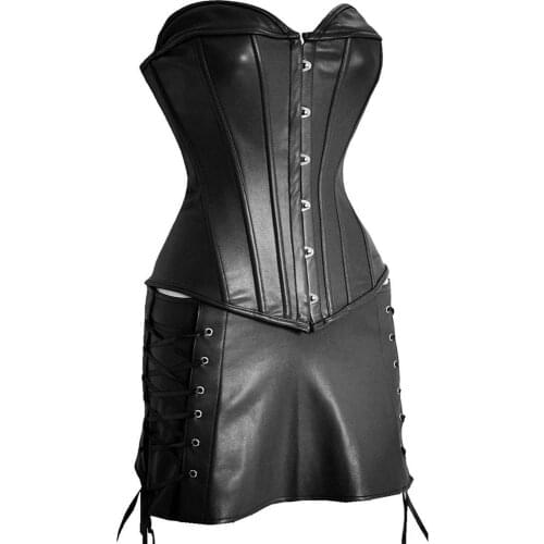 Sexy Faux Leather Overbust Corset Bustier Basque Top and Mini Skirt Set Mistress Queening Fetish Lingerie Queen Size S to 6XL