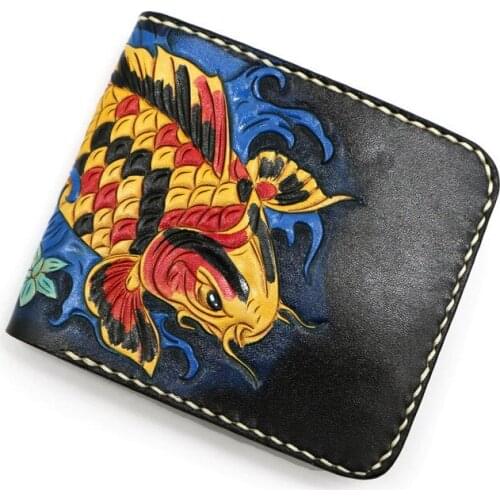 Short Cow Leather Hand Carved Carp Wallets Purses Women Men Clutch Vegetable Tanned Leather Wallet Card Holder New Year Gift