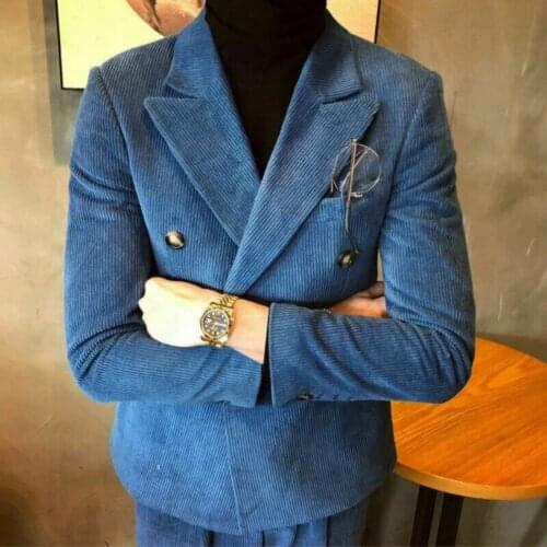 Blue Corduroy Men Suits Groom Prom Blazer Costume Homme Marriage Tuxedo Wedding Office Double Breasted 2 Pcs Jacket+Pants
