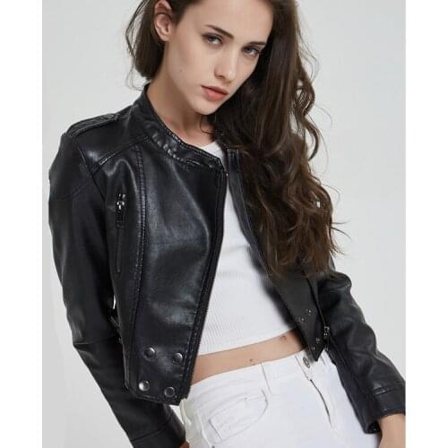 Queechalle New 2020 Autumn Short Soft PU Leather Jacket Womens Stand Collar Long Sleeve Slim Coat Female Streetwear Black Tops