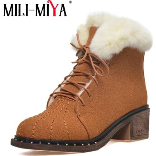 MILI-MIYA Fashion cow suede ankle women snow boots winter warm fur plus size 43 comfortable solid handmade for ladies hot sale