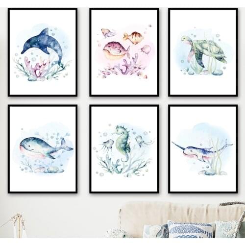 Sea turtle Whale Dolphin Hippocampus Fish Wall Art Canvas Painting Nordic Posters And Prints Wall Pictures Kids Room Home Decor