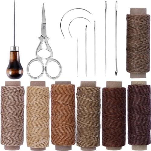 MIUSIE 16 PCS Leather Sewing Kit with Waxed Thread Wood Handle Awl Curved Repair Needle Vintage Scissor for Leather Hand Sewing