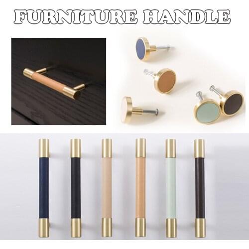 Nordic Style PU Leather + Brass Door Drawer Double Hole Cabinet Handle Kitchen Cupboard Door Pulls Furniture Handle