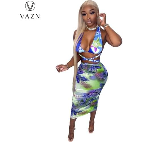 VAZN 2021 New Arrival Bohemian Colorful Print Sexy Beach Set Halter Backless Top Midi Skirts High Waist Skinny Women 2 Piece Set