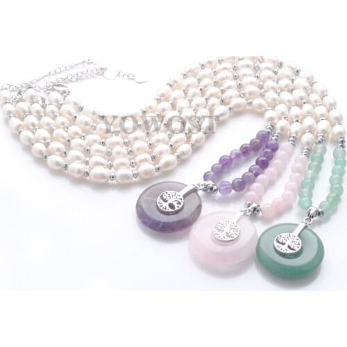 Cute Romantic Fashion Jewelry Gift For Women Pendants Natural Oval Pearl Necklace Chain Tree of Life Stone Round Buckle QBF316