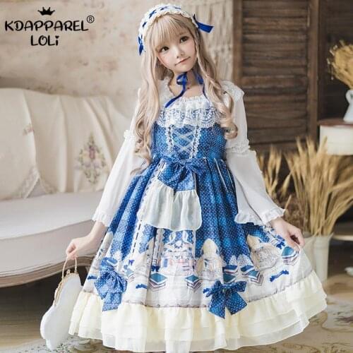Blue Lolita Dress Women Sweet Japanese Chiffon Tea Party Ruffles Robe Gowns Print Flower Elegant Vintage Lace Cosplay Costume