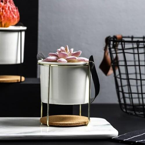 Portable Ceramic Flower Planter Modern Marbling Flower Pot with Metal Rack for Succulents Plants Bonsai Home Garden Decoration
