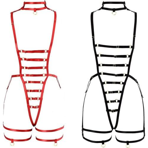 Sexy Lingerie Punk Leg Garter Hollow Open Chest Bra Woman Black Adjust Bodysuit Bondage Body Harness Belt Pole Dance