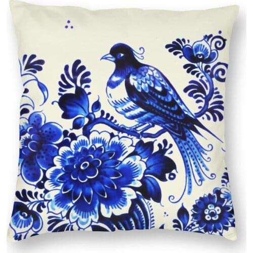Blue Delft Porcelain Oriental Toile Square Throw Pillow Case Home Decorative 3D Print Chinoiserie Cushion Cover for Living Room