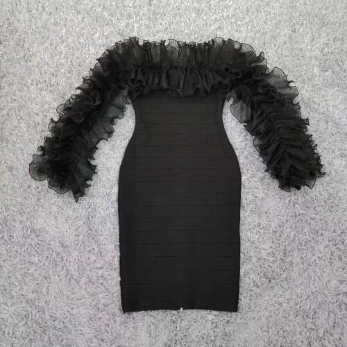 Sexy Bandage Dress New Winter Black Dress Long Sleeve Mesh Patchwork Stretch Pencil Bodycon Dress Female Dresses