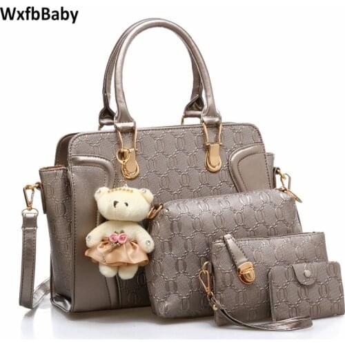 WxfbBaby womans 4pcs sets handbags+Day clutches+coin purse+card case Grey purple women Messenger bags hello kity Bag Ladies