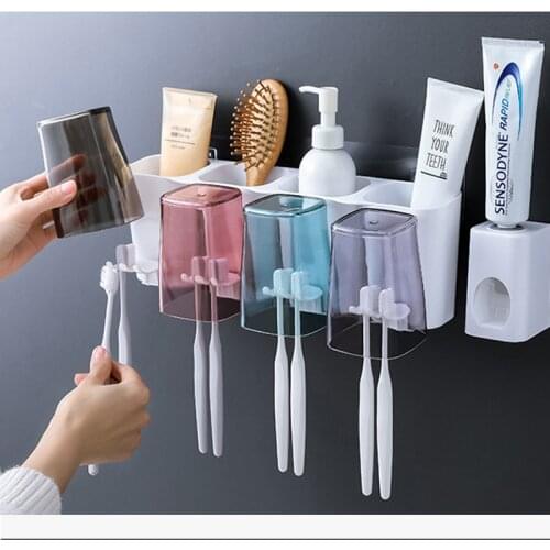 Bathroom Plastic Toothbrush Holder, Toothpaste Dispenser, Bathroom Storage Box, Punch-Free Toiletries Rack with Toothbrush Cup