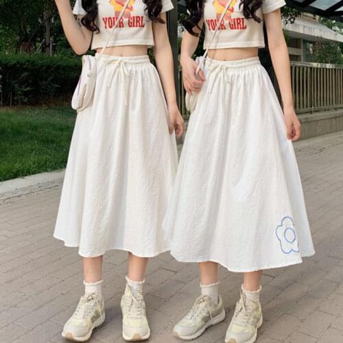 Korean Fashion Skirts for Women Kawaii Flower Print Summer Skirt Sweet White Mid-Calf A-LINE High-waisted Skirt Womens Clothes