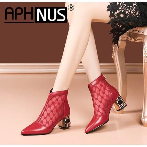 APHNUS Womens Boots Cow Leather Short Ankle Booties Cut Outs Mid High Heels Pumps Rhinestone Woman 2021 Shoes For Women New