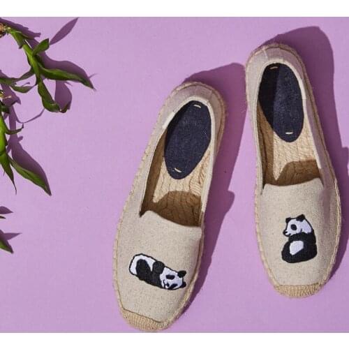 2020 Spring Summer Beach Shoes Panda Embroidered Espadrilles Women Hemp Flat Shoes Women Platform Shoes Fashion Insta Flats