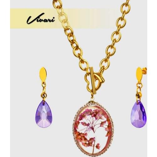 Vivari Fashion Dry Flowers Egg Shape Pendant Jewelry Set Necklace for Women Drop Earrings For Women Stainless Steel Dec
