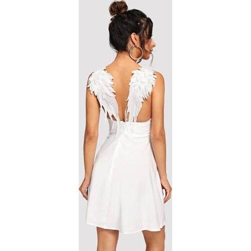 Neatie kiddie Sexy Backless Lace Patchwork Wing Dress Women V-neck White Spaghetti Strap Sleeveless Mini A-line Dress