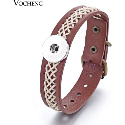 10pcs/lot Brown Genuine Leather Bangle Hand Knitting 18mm Vocheng Snap Button Charms Bracelet NN-284*10 Free Shipping