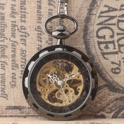 10pcs/lot Hot Sell Antique Black Skeleton Mechanical Pocket Watch White Roman Dial No Cover Pocket Watches wholesale