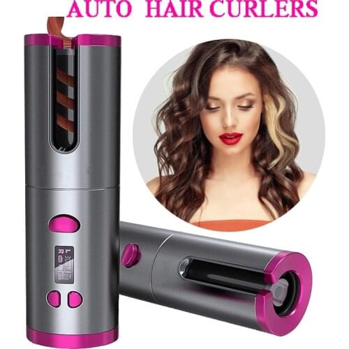 Portable Cordless Hair Curler Automatic Curling Iron Wand Rechargeable Auto Hair Curler with 6 Temperature & Timer Settings