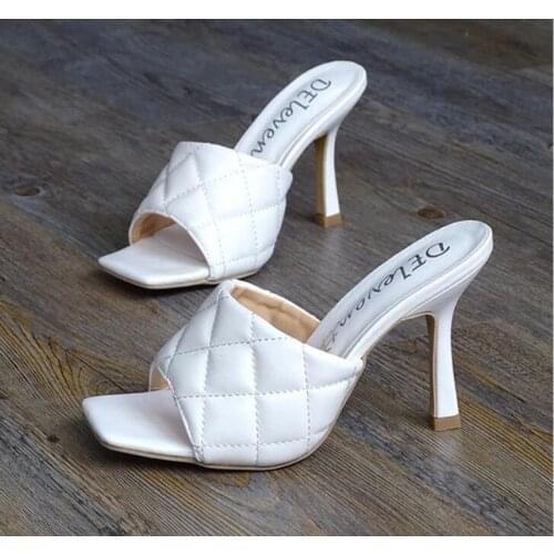 Marian Sqaure Toe Red Quilted Mule Heels Shoe Black PU High Heel Shoes Women Sandals Sliper Woman Shoes Zapatos Mujer White Blue