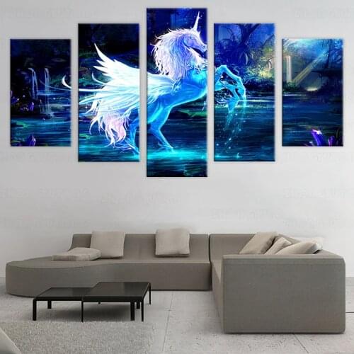 HD Printed 5 piece canvas sets art 3D unicorn horse Painting canvas pictures for living room decor with frame