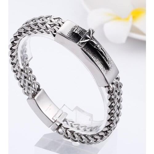 Cool 85g weight Mens 316L Stainless Steel Biker JESUS Cross ID Double figaro Chain Bracelet jewelry 12mm 8.66