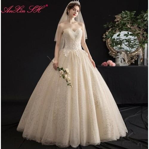 AnXin SH princess champagne lace wedding dress vintage strapless sleeve beading crystal pearls sparkly bride wedding dress