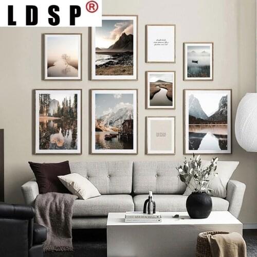 LDSP Living Home Decor Nordic Sunrise Mountain Lake Nature Landscape Forest Canvas Painting Wall Art Print Poster Picture Modern