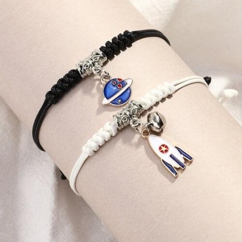 Fashion Bell Star Rocket Charms Bracelet Men Handmade Rope Bangle Girl Blue Astral Planet Pendant Pulseras for Women Couple Gift