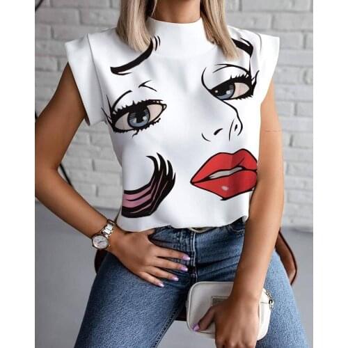 Fashion Women Summer Short-sleeved Pullover Top Korean Personality Printed Stand Collar T-shirt Loose Casual Tops