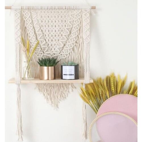 Cilected Handmade Boho Tassel Tapestry Cotton Rope Macrame Wall Hanging Shelf Floating Hanging Wood Shelve For Plants Home Décor