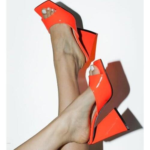 Sexy Woman Hot Pink Orange Green Patent Leather Shallow Slip On Slippers Sandals Ladies Chunky Heels Square Toe Casual Pumps
