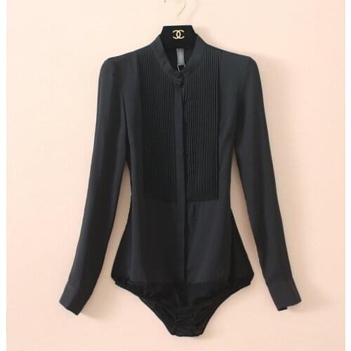 High Quality Women Chiffon Blouse Front Pleated Long Sleeve Bodysuit Office Ladies Shirts with Panties Solid Color Black Beige