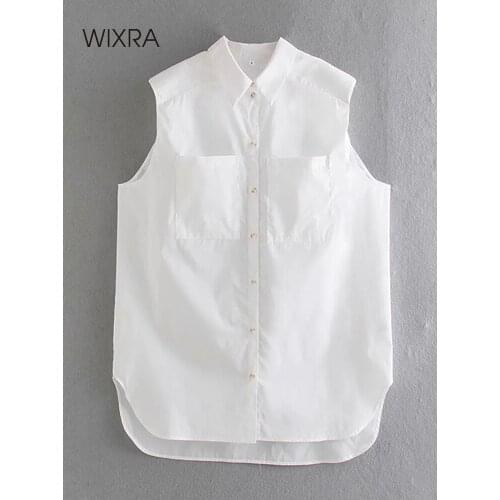 Wixra Womens Blouse Turn-Down Collar Single Breasted Sleeveless Solid Summer Stylish Casual Clothing New Fashion Ladies Tops