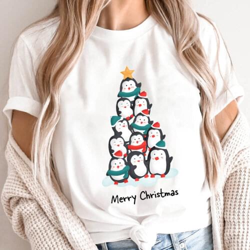 Penguin Christmas Tree Print 100%Cotton Women Tshirt Unisex Funny Summer Casual Short Sleeve Top Christmas Shirt New Year Tee