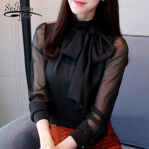 2020 New Spring Fashion Women Blouse Shirts Solid Long Sleeve Tie Bow Chiffon Turtleneck Formal Women White Black Shirts 0599 30